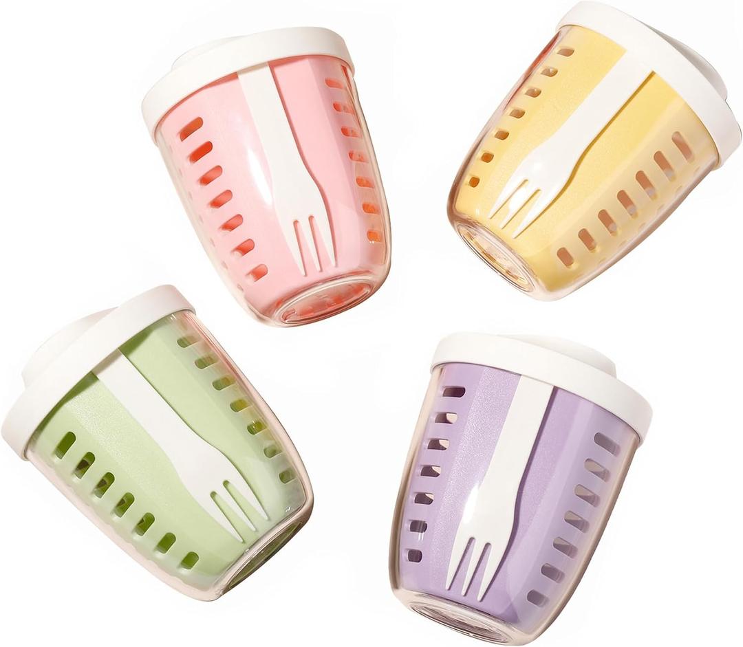 Luiruey Fruit Salad Storage Cup With Lids and Fork, 20 Oz Plastic Airtight Fruit Storage Containers for fridge with BPA-Free, Leak-Proof, Reusable for Office,Party,Travel. (pink+green+yellow+purple)