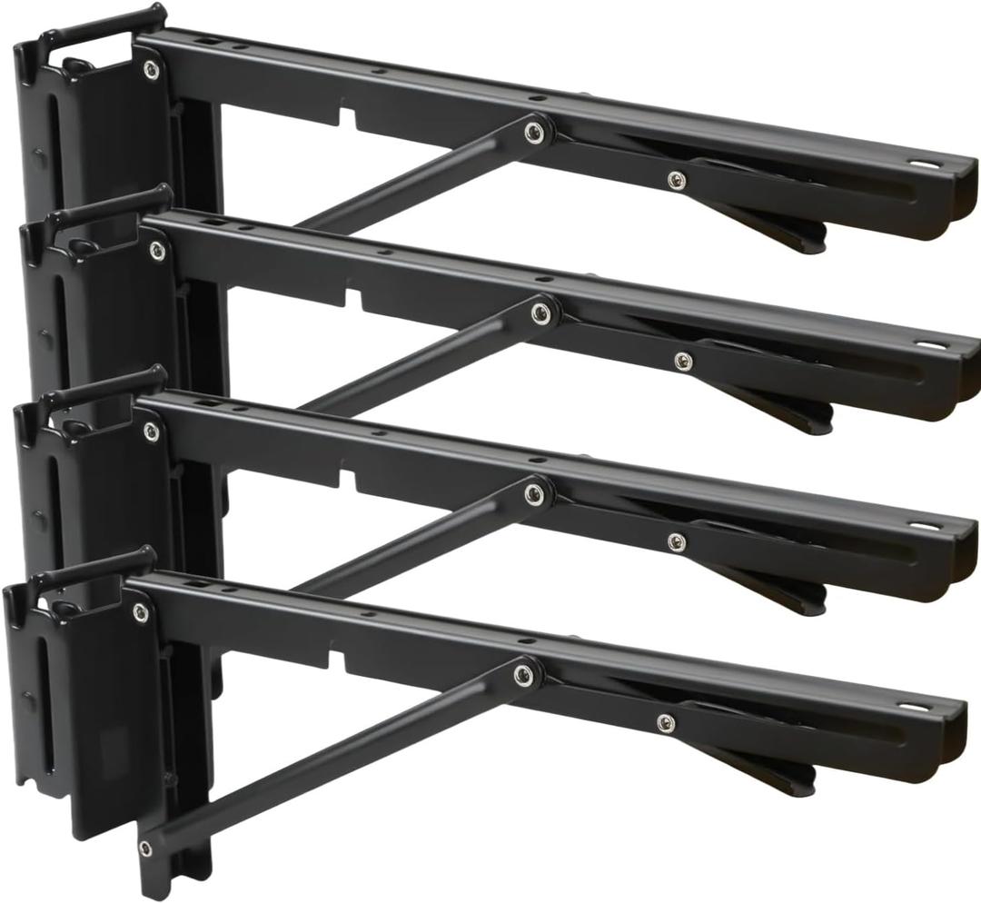 12 Inch Double Fittings E Track Shelf Bracket - Durable Hinged Collapsible Table Brackets - 4 Pack Black Powder Coating E-Track Accessories for etrack Workbench Shelves