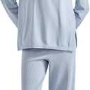 SUUKSESS Women Lounge Sets 2 Piece Pajamas Sets Long Sleeve Tops Wide Leg Pants (L)