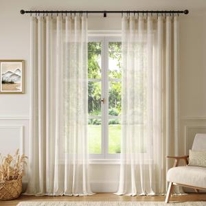 Anmao Natural Linen Curtains for Living Room 90 Inch Length 2 Panels Set, Light Filtering Semi Sheer Window Curtain Drapes for Bedroom with Curtain Rings and Clips, 52 Inch Wide Each Panel, Ecru