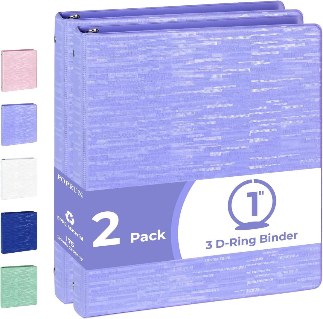 POPRUN 3 Ring Binder 1 Inch, PVC-Free, Holds 175 Sheets of 8.5 x 11 Paper, Extra Durable Organizer with 2 Pockets for School & Office, Heavy-Duty, 2 Pack, Cornflower Purple