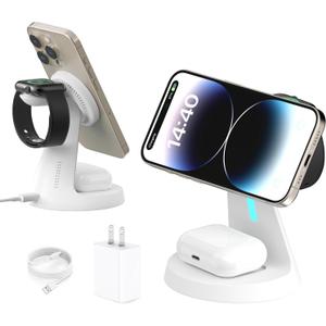 Wireless Charger Compatible with Mag-Safe,3 in 1 Charging Station for iPhone17/16/15/14/13/12 Series, Apple Watch,AirPods,15W Fast Charging (Adapter Included) (White)