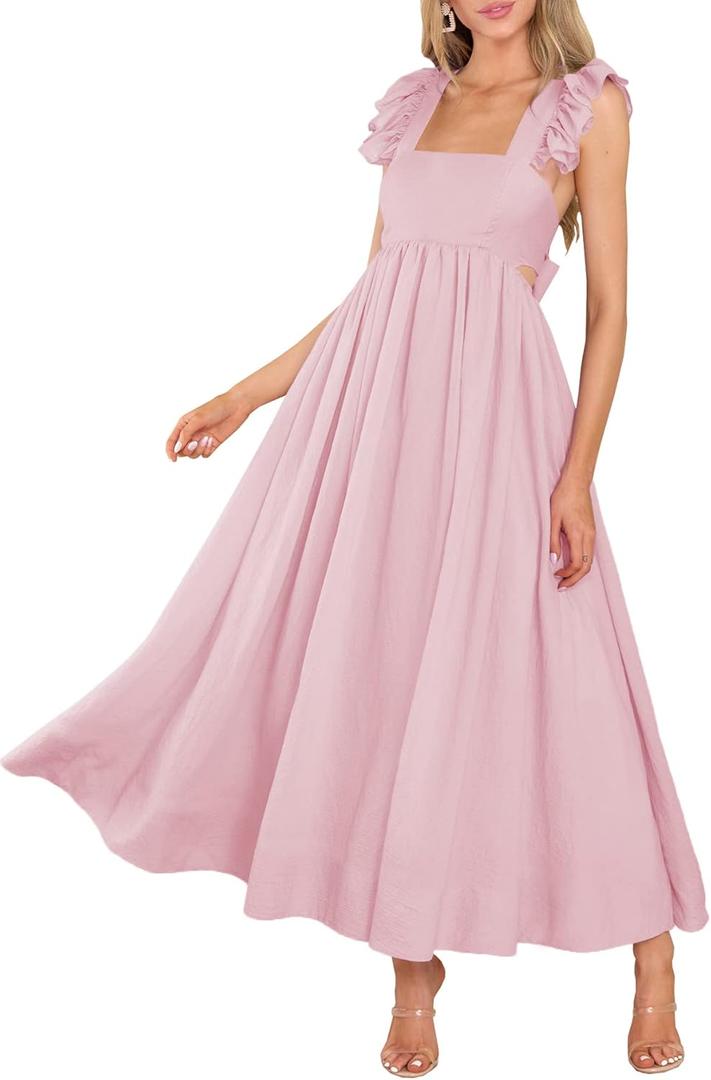 MITILLY Women's Summer Flutter Sleeve Square Neck Tie Back Casual Pleated A-Line Flowy Maxi Dress with Pockets (Medium, Pink)