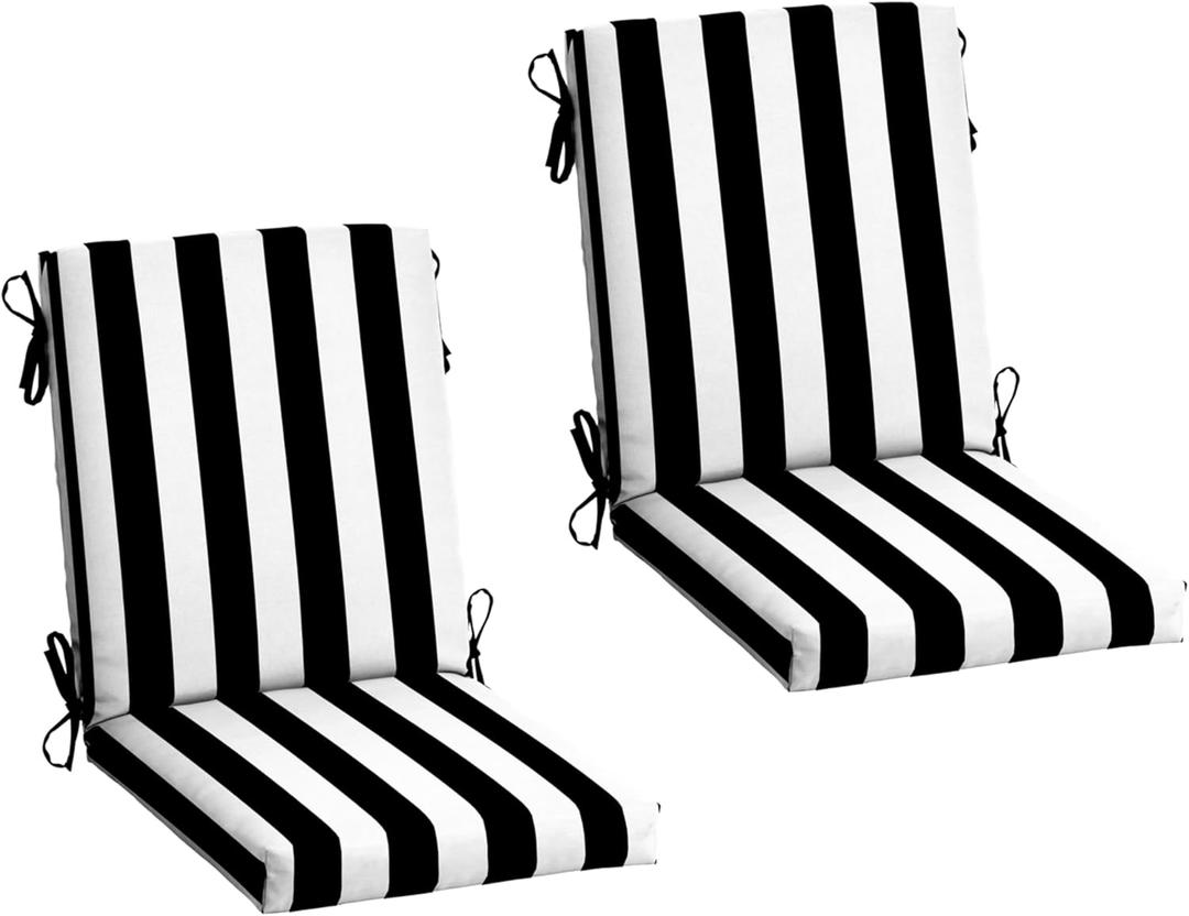 Arden 2-Pack Outdoor Patio Dining Chair Cushion, 20x44, Rain-Proof Seat Pad, Fade-Resistant Outdoor Cushion Black Cabana Stripe
