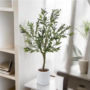 GreenBoxx Artificial Olive Tree 3ft Faux Plant with White Planter & Pebbles - Realistic Silk Leaves Modern Fake Plants Fake Olive Potted Trees Decoration Perfect for Home, Office, and Indoor Decor