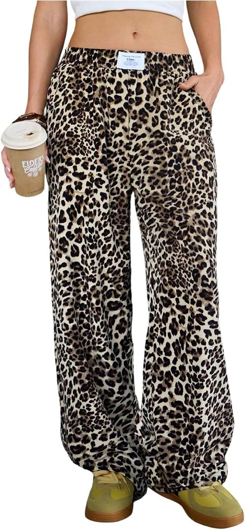 RoseSeek Girl's Leopard Pants Patched Straight Leg Linen Baggy Pants Elastic Waist Casual Beach Summer Pants (Brown)