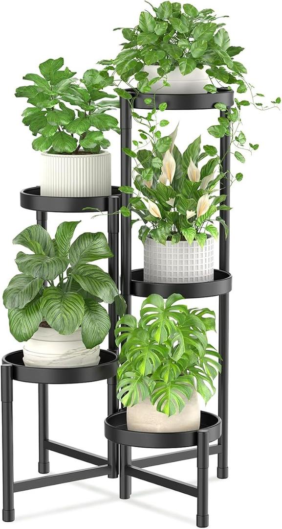 iDavosic.ly Plant Stand Indoor Outdoor, 5 Tier Corner Metal Flower Display Holder Shelf, Folding Tall Orchid Rack for Patio Balcony Porch Garden Living Room House, White