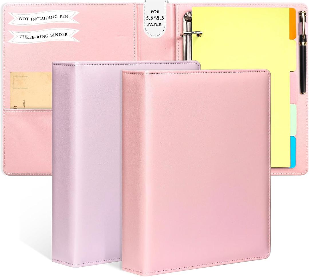 2 Pack Mini Size 3 Ring Binder 1 Inch Rings 5 Colors Dividers Pu Leather Binders 5.5" X 8.5" Holds 200 Sheets Paper Three Ring Binder DRing with Pen Loop 1 Pockets School Office (Purple&Pink)