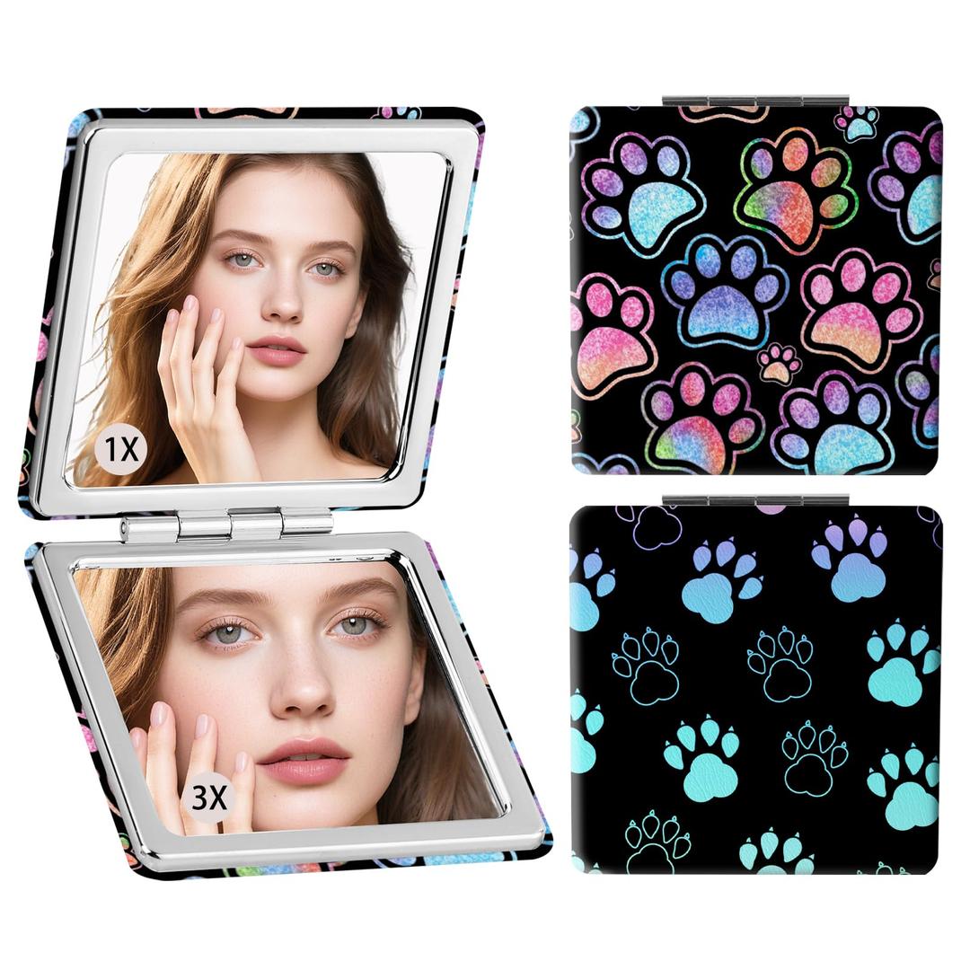 SU969QL 2-Pack Dog Paw Compact Mirror for Travel, 1X/3X Double Sided Magnifying Portable Pocket Handbag Handheld Foldable Cosmetic Mirror for Women