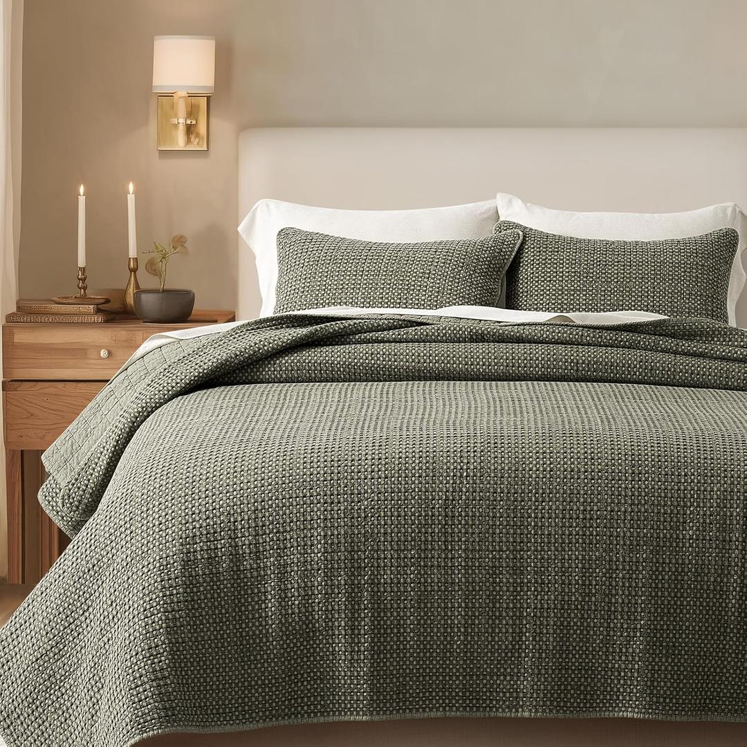 EverGrace Stonewashed 100% Natural Cotton Waffle Quilt Set King Size 3 Pieces, Durable, Textured & Substantial Bedding, Quilted Coverlet Bedspread with 2 Shams for All Seasons, Olive Green | Waffle Weave, 100% Cotton, Stonewashed, Box Stitch Design, Oeko-Tex Certified, Lightweight