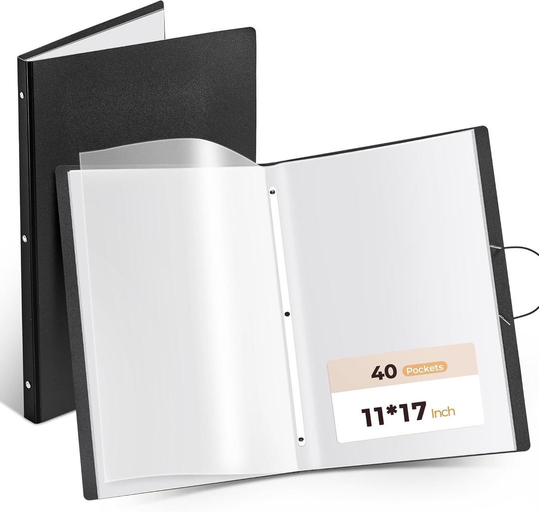 JoyCat Portfolio Binder 11"x17",40 Pockets Art Folder with Clear View Pages, 80 Sheets Presentation Binder for Artists and Students (Black)
