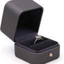 Engagement Ring Box Dark Black Gray, Square Leather Velvet Ring Bearer Box, Premium Gorgeous Vintage Single Slot Ring Box for Proposal, Wedding, Ceremony, Anniversary, Gift