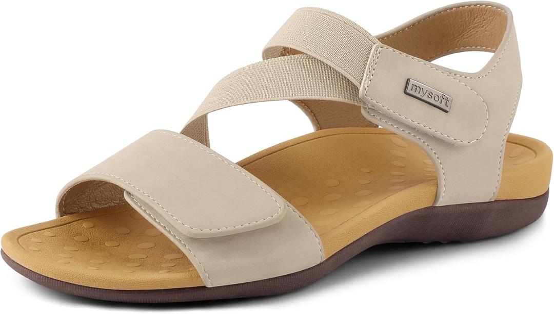 mysoft Women's Arch Support Sandals Orthotic Comfortable Walking Sandals Lightweight Adjustable Summer Outdoor Shoes (9, Khaki)