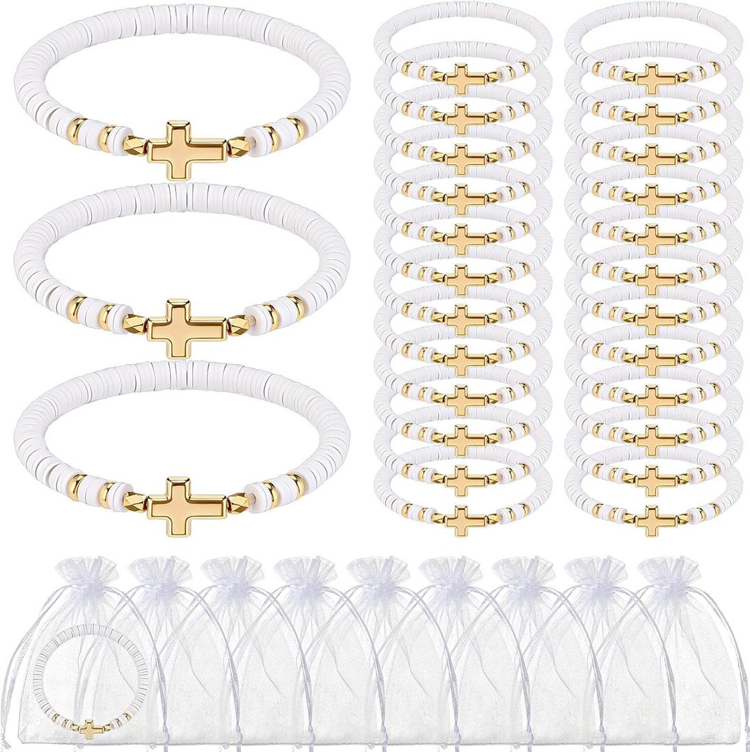 Ferreve 30 Sets Cross Bracelets Bulk Baptism Party Favors First Communion Gifts Christian Jesus Elastic Beaded Wristbands Religious Bracelets for Baptism Church Wedding Easter Gift