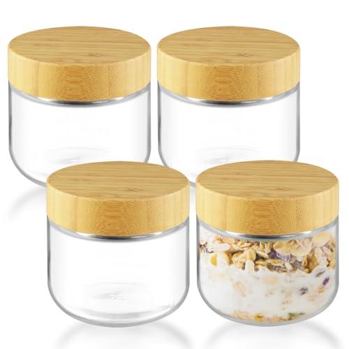 4 Pack Glass Jar With Airtight Lids Overnight Oats Containers With Lids Mason Jars Food Storage Containers For Yogurt Snacks Sugar Spice And More (bamboo lids, 300ml/10oz)
