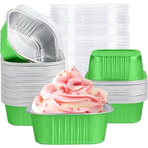 40 Pack Mini Cake Pans with Lids, 5oz Square Aluminum Foil Brownie Baking Cups, Muffin Tin Ramekins, Disposable Dessert Cupcake Cups for Wedding Birthday Party, green