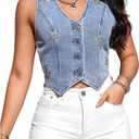 Floerns Women's Sleeveless Denim Vest Top Star Rhinestone Button Down Waistcoat Blue X-Large