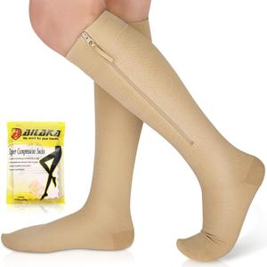 Ailaka Zipper Compression Socks Medical, 15-20 mmHg Knee High Compression Socks for Men Women, Close Toe Support Socks for Varicose Veins, Edema, Recovery, Pregnant, Nurse (Small (1 Pair), Beige)