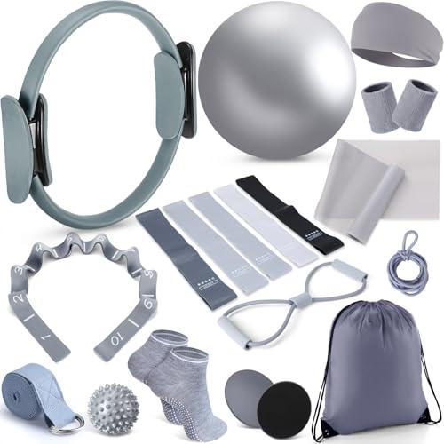 Poen 18 Pcs Home Pilates Ball and Ring Circle Set Yoga Fitness Essentials Kit with 5 Resistance Band Stretching Strap Non Slip Sock Ball Core Slider Wristband Headband Gym Bag for Women (Gray)