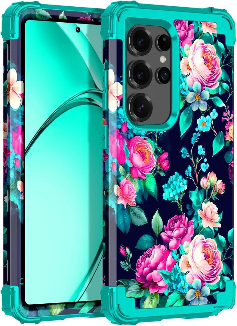 Rancase for Galaxy S25 Ultra Case,Three Layer Heavy Duty Shockproof Protection Hard Plastic Bumper +Soft Silicone Rubber Protective Case for Samsung Galaxy S25 Ultra 5G,Glow in The Dark-Cyan Rose