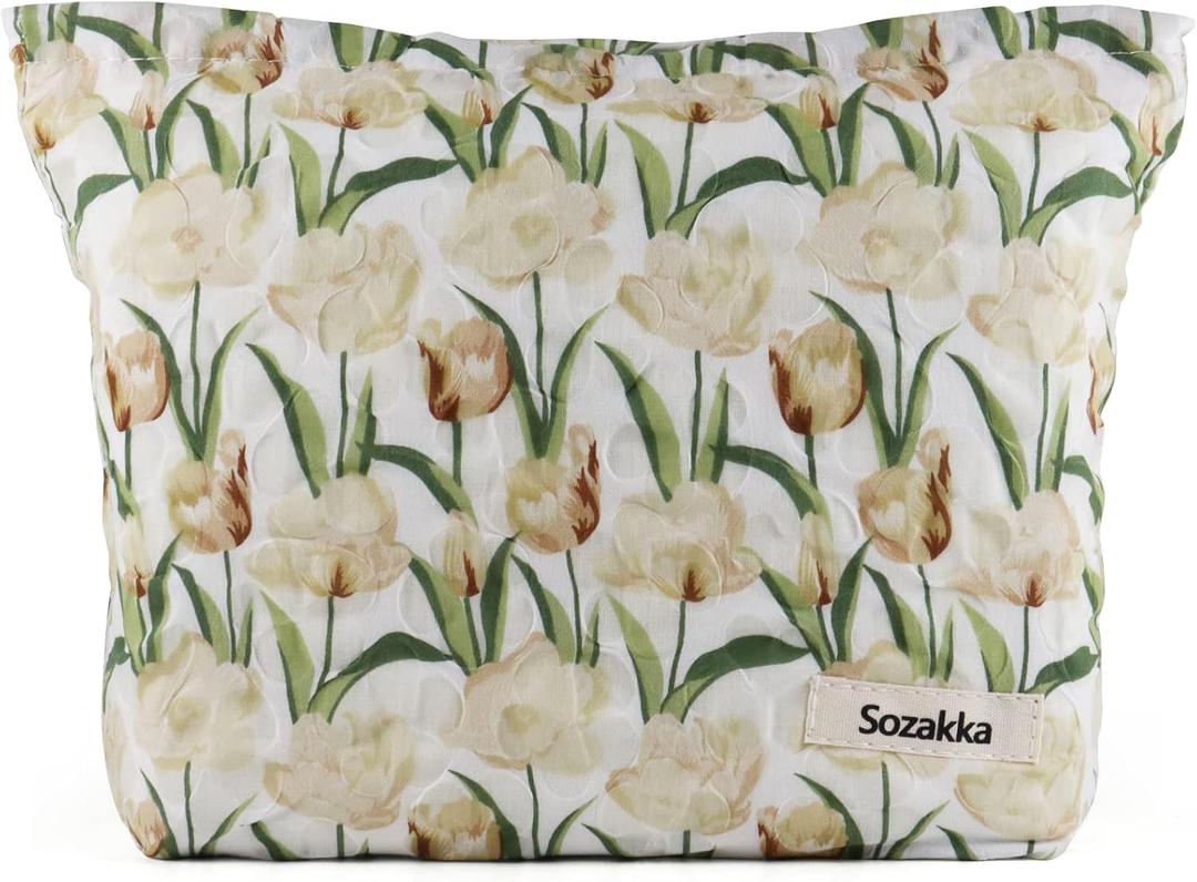 HOYDATE Corduroy Cosmetic Bag with Zipper Smile Cosmetic Bags Large Capacity Makeup Bags Travel Toiletry Bag Accessories Organizer Pouch Cosmetic Bag for Women Teen Girls (Green Tulip)