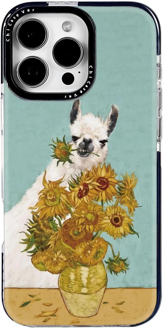 for iPhone 14 Pro Max Case, Whimsical Llama & Sunflower Pattern in Van Gogh Style, Artistic Soft Slim TPU Protective Cover with Shock-Absorbing TPE Strips & Camera Lens Protection for Women (Alpaca)