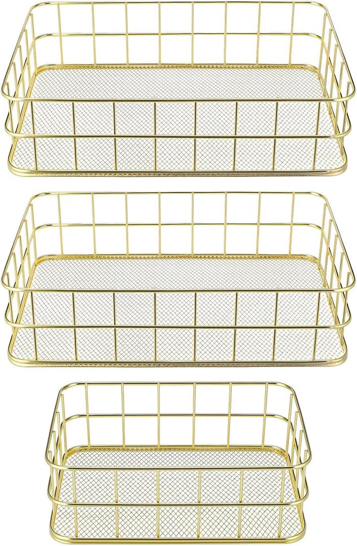 3 Pcs Gold Wire Baskets Set - Gold Baskets for Decor with 2 Large & 1 Small Metal Mesh Organizers for Home Office Desk Bathroom Storage (9.6x6.5x2.5 inch & 6.7x4.7x2.4 inch)