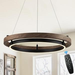 LED Ring Chandelier Dimmable Black Chandelier Round Foyer Chandeliers Light Walnut Wood Black Circular Chandeliers for Dining Room Entry Bedroom Office Living Room, 24in