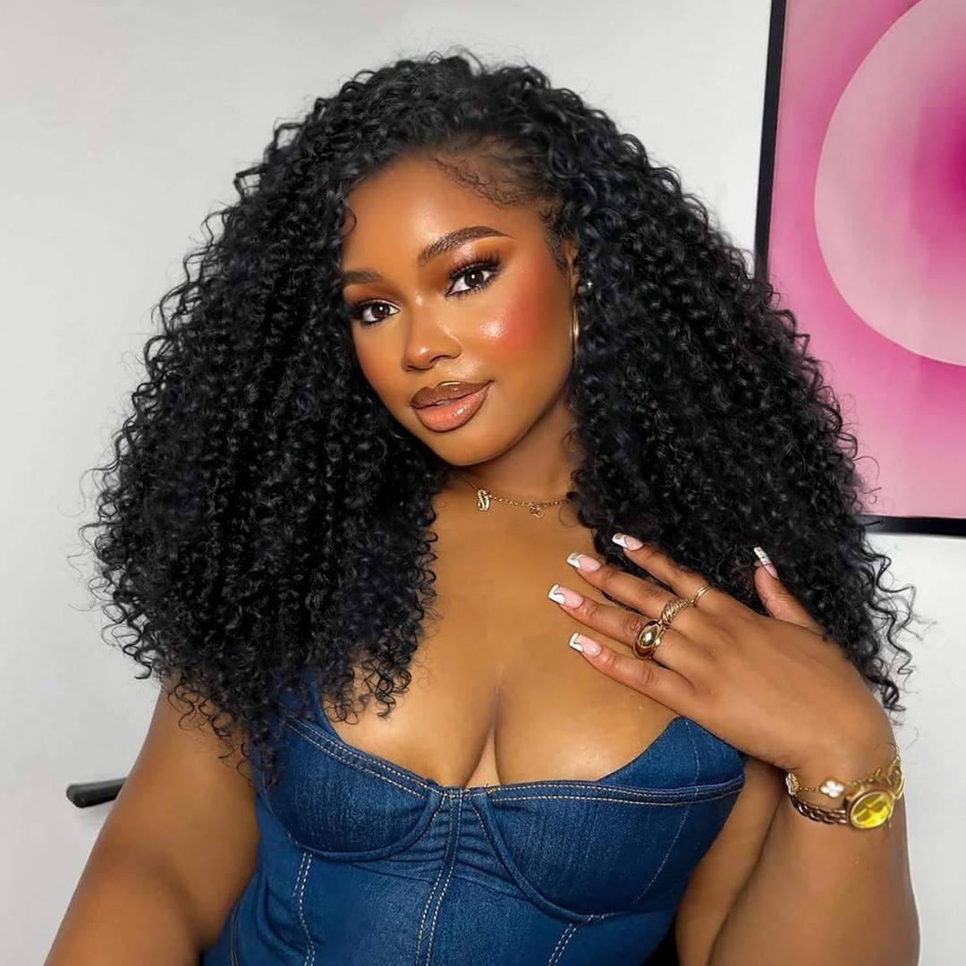 quickwig Curly Half Wig 3 In 1 Seamless Long Half Wigs for Black Women Kinky Curly Half Wig Glueless Shaggy Waves Flip Over Wigs Ready to Go Synthetic Headband Wig 20 Inches Black Color