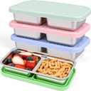 4 Pack Stainless Steel Snack Containers, Leak-Proof 2 Compartment Lunch Boxes with Silicone Lids, Reusable Metal Snack Box for Meal Prep, Travel, Outdoor & Daily Use (2 Compartments A)