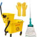 Side Press Wringer Combo Commercial Mop Bucket on Wheels, 35 Quart,Yellow, Including Commercial Mop and Rubber Gloves