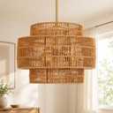 20" Boho Rattan Chandelier, Gold Woven Pendant Light for Dining Bedroom