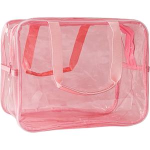 Pink PVC Clear Pure Color Transparent Large Zipper Cosmetic Pouch Travel Makeup Cosmetic Bag with Handle for Travel Bathroom Toiletry Organizer (Light Pink)