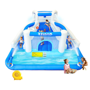 Inflatable Water Slide Bounce House for Kids, 12.1 FT x 10.3 FT Small Water Park Bouncy Castle, Double Slides, Jumper, Climbing Wall, Basketball Hoops, Included Blower, 145" L x 123.5" W x 72.8" H (Defective)