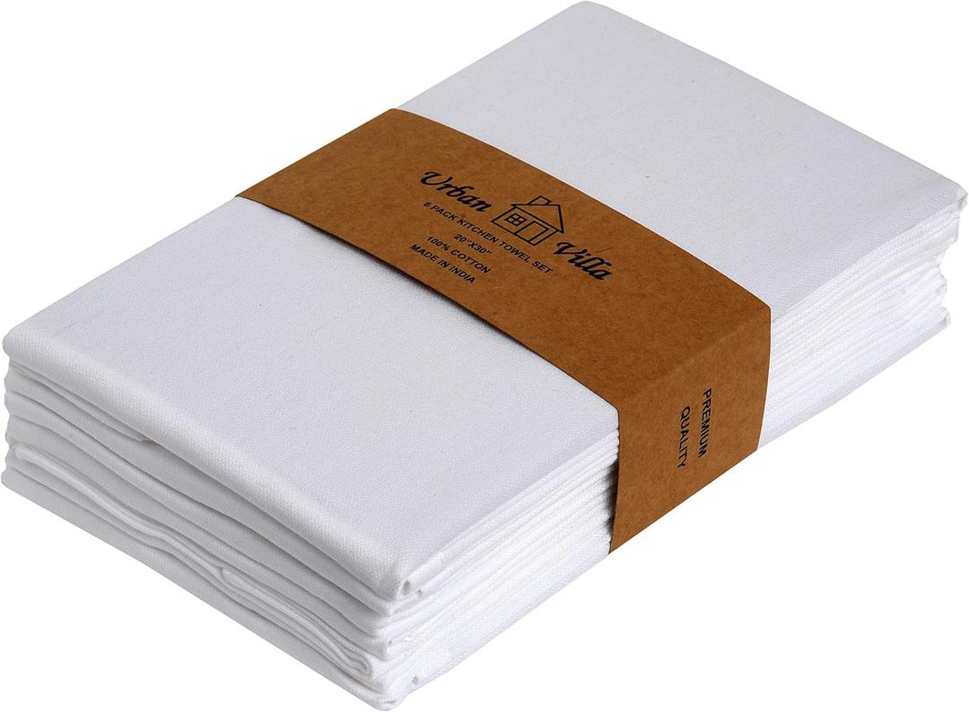 Urban Villa White Kitchen Towels 100% Cotton Highly Absorbent Dish Towels for Kitchen 20X30 Inches(Set of 6) Multi-Purpose Solid Dish Cloths With Hanging Loop for Cleaning Dinnerware Glass Hand Towels