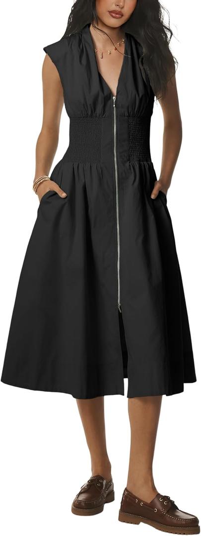 Tomosc Women Sleeveless Midi Dress Summer Casual V Neck Zip Front Smocked Shirt Dress with Pockets (17W-Black-XL)