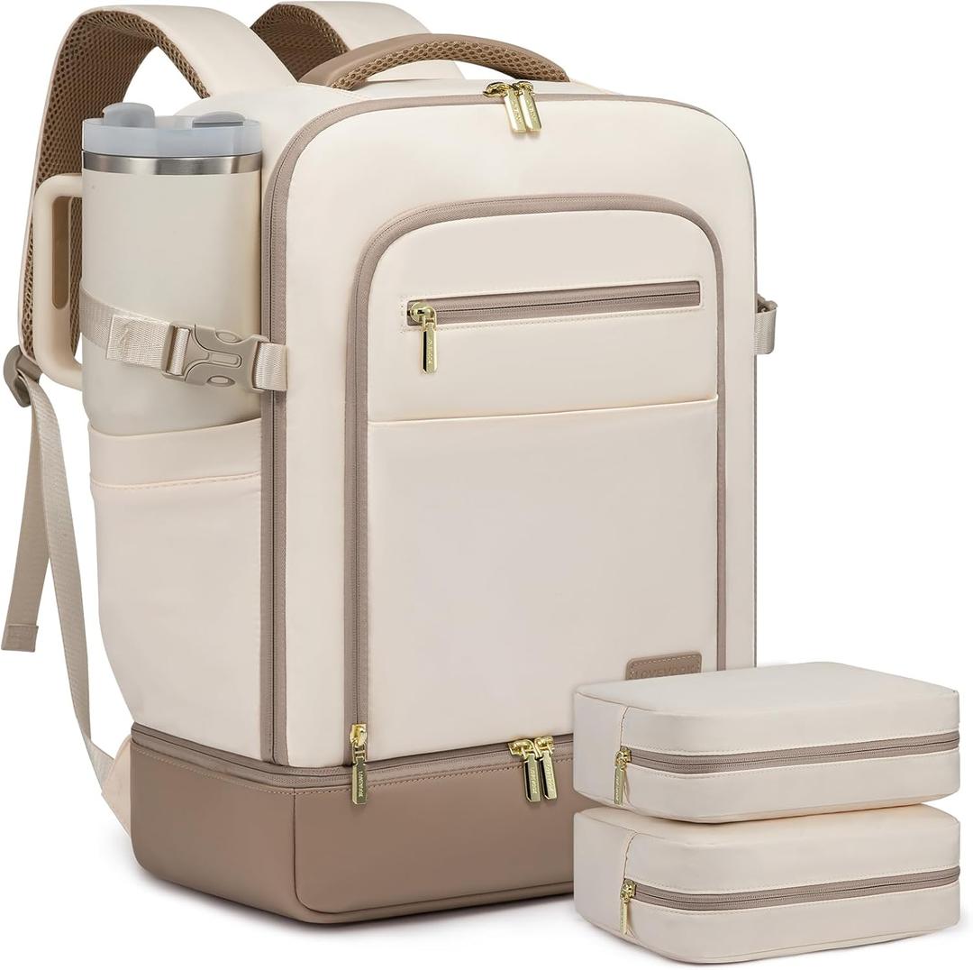 LOVEVOOK Travel Backpack for Women with Shoes Compartment,40L Personal Item Travel Bag Flight Approved Carry On Backpack with 2 Packing Cubes,Large Casual Weekender Luggage Daypack (Beige&khaki-a)