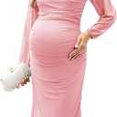 AISWI Mesh Ruched Maternity Dress Baby Shower Wedding Guest Pregnancy Shoot Fall Long Short Sleeves Square Neck XL