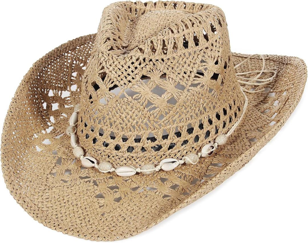 GEMVIE Turquoise Straw Cowboy Hat for Men Women Summer Western Cowgirl Hat Woven Hollow Out Wide Brim Hat (7-7 1/4)