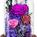 Preserved Eternal Roses in Glass Dome - Purple Forever Rose Bouquet Gift for Women, Mothers, Valentine's Day, Anniversary, Birthday - Real Long-Lasting Flowers with Prime Delivery