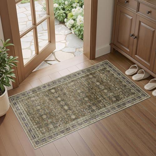 WITSHOCK Olive Green Brown Vintage Floral Area Rug 2x4, Low Pile Non-Slip Machine Washable Runner Rug for Bedroom Living Room Dining Room Nursery Playroom Home Decor