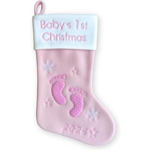 Heart's Sign Baby's First Christmas Stocking 2025 Footsteps | My First Christmas Baby Boy and Baby Girl | Newborn Stockings Xmas Ornaments (Pink)