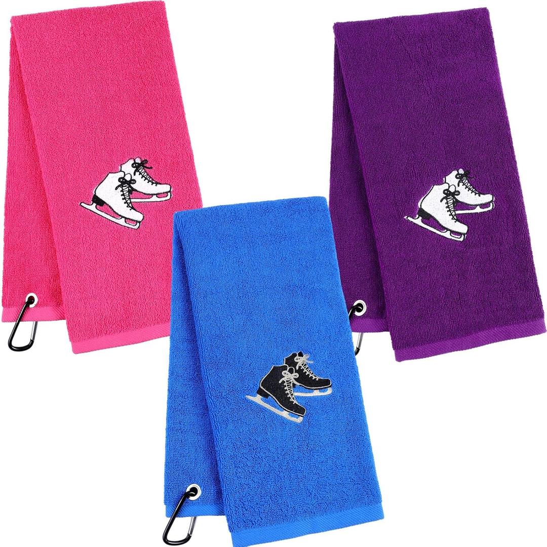 VitalCozy 3 Pcs Ice Skating Towels Funny Figure Skating Gifts Cotton Absorbent Pink Purple Blue Hockey Skate Towels Ice Skate Accessories for Women Men Sports Team Skates Lovers