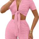 MSLG Women's Sexy 2 Piece Set Solid Summer Bodycon Suit Casual Tie Front Short Sleeve V Neck Crop Top Shorts Outfits Sets S42, XL