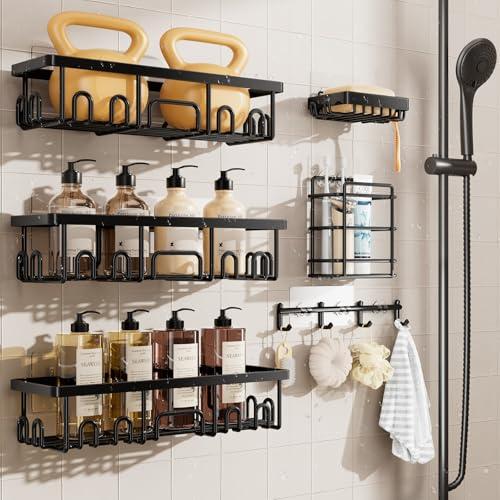 Veken Shower Caddy 6-Pack, Advanced Rustproof Design, No Drilling Adhesive Shelves, Rack with Soap Holder, Large Capacity Bathroom Organizers and Storage, Wall-Mounted Kitchen & Home Decor, Black
