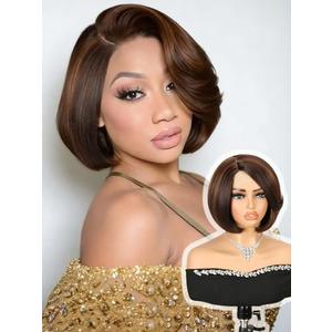 Quantum Love Highlight Bob Wig Layered Cut Mixed Brown Side Part Short Straight Glueless Bob Wigs for Women Realistic Hairline Synthetic Heat Resistant Fiber Hair