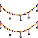 Paw Birthday Banner Decorations, 2 Pack Red Yellow and Blue Pom Poms with 3D Felt Paw Hangings Dog Birthday Party Supplies Photo Booth Props Backdrop Garland, Indoor Outdoor Table Wall Decor for Kids