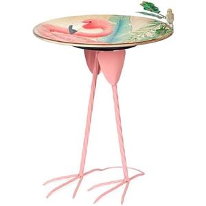 Alpine Corporation ORS876 Outdoor Metal Birdbath w/ Stylish Stand, Flamingo Pattern Birdbath Bowl and Stand, 23"H, Pink/Blue