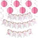 Happy Mother's Day Decorations, Happy Mothers Day Banner with Hanging Swirls, Honeycomb Balls Decorations for Party Supplies Decor Home Office, Pink