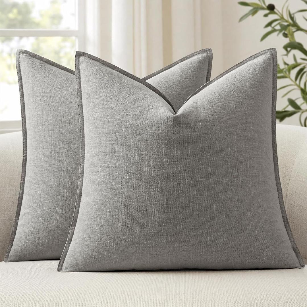 ANRODUO Decorative Linen Pillow Covers 18x18 Inch Light Gray Pack of 2 | Neutral Farmhouse Boho Soild Cushion Case, Soft Accent Pillowcase for Couch Sofa Bedroom Living Room, Summer Home Decor
